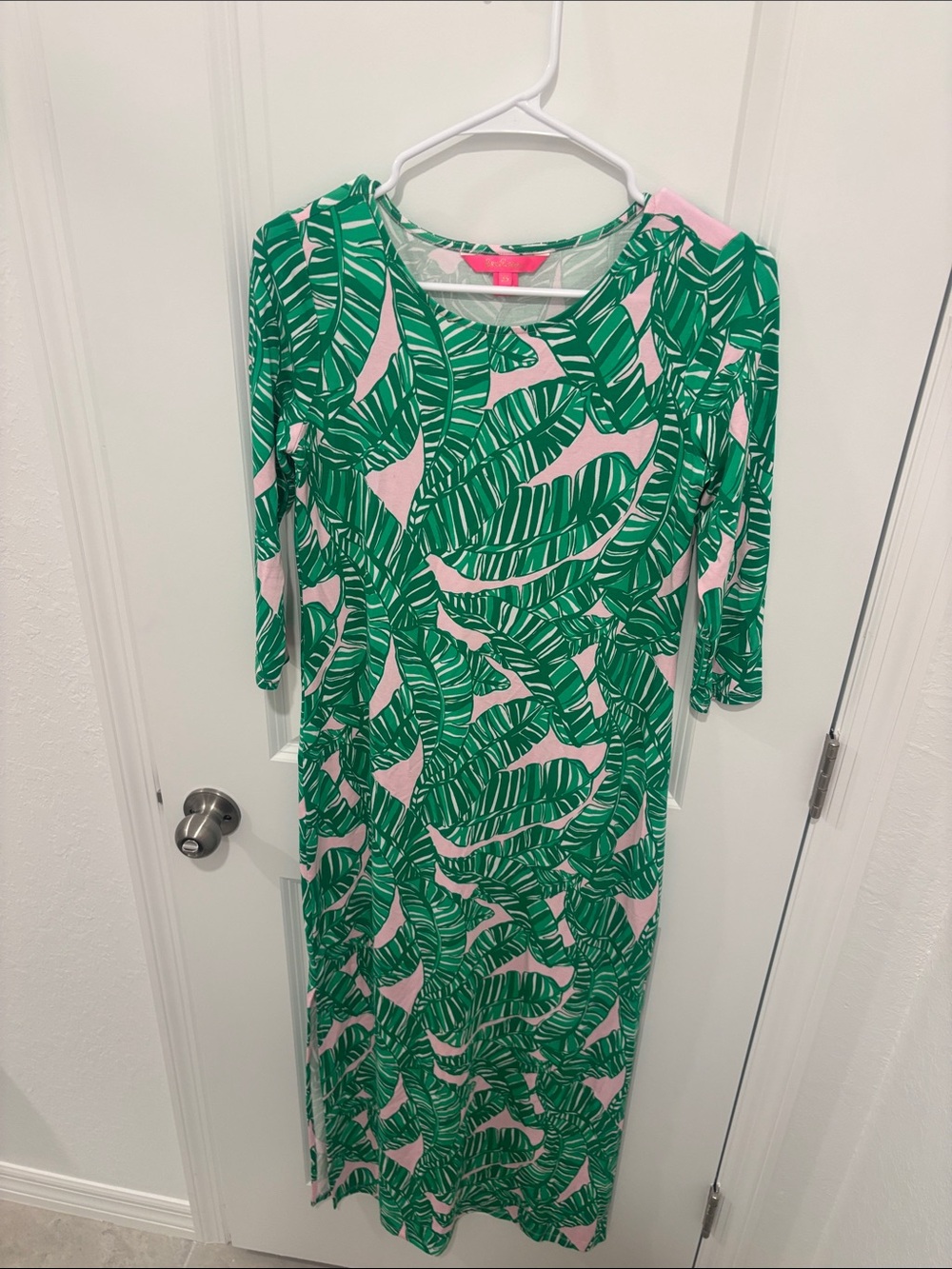 Lilly Pulitzer Pink Maxi Dress with Green Leaf Print